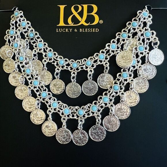 Lucky & Blessed Bohemian Floral Blue Silver Coin Layered Dangle Bib Necklace L&B - Picture 14 of 16